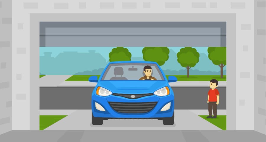 Illustration of a resident driving into his garage with a child waiting nearby.